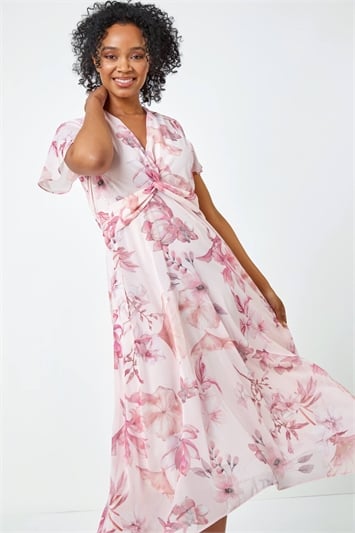 Pink Petite Floral Print Twist Front Maxi Dress