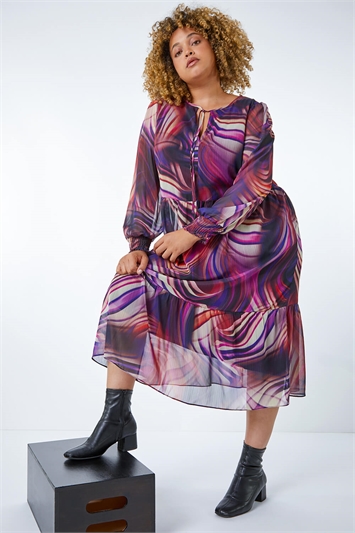 Purple Curve Swirl Print Chiffon Midi Dress