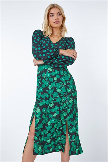 Green Floral Spot Print Midi Stretch Dress