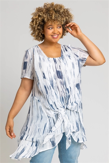 Navy Curve Abstract Print Crinkle Tunic Top