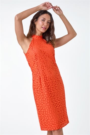 Orange Halter Neck Lace Stretch Bodycon Dress