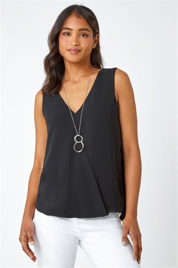 Black Sleeveless Vest Top With Necklace