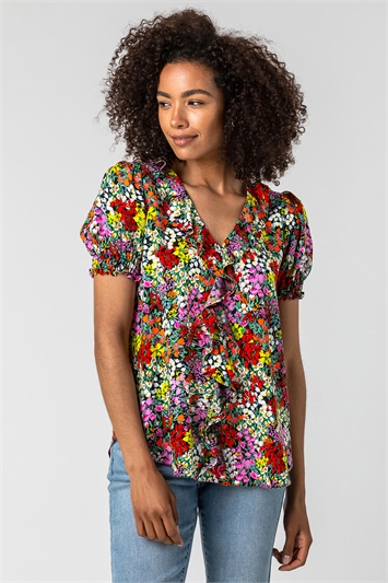 Multi Floral Print Frill Detail Blouse, Image 4 of 5