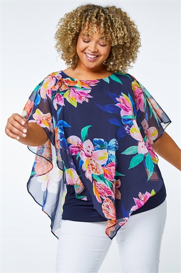 Navy Curve Floral Chiffon Overlay Top , Image 4 of 5