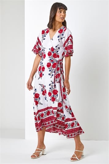 Floral Print Wrap Midi Dress in Red - Roman Originals UK
