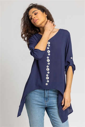 Navy Asymmetric Abstract Button Detail Top, Image 5 of 5