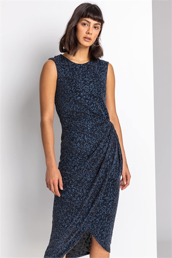 Blue Glitter Leopard Print Twist Wrap Midi Dress