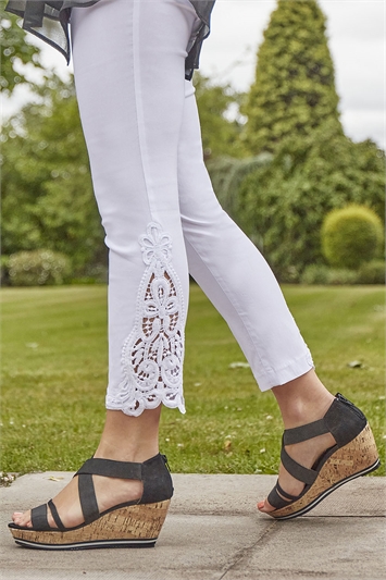 White Lace Insert Crop Stretch Trousers, Image 4 of 4