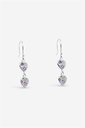 Sterling Silver Double Cubic Zirconia Heart Drop Earrings