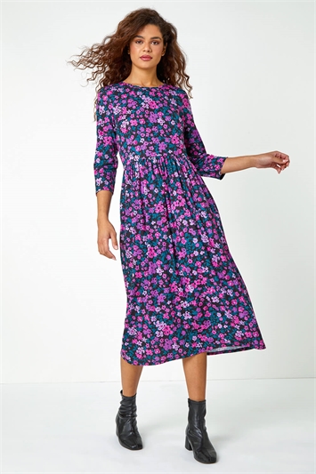 Purple Floral Print Midi Stretch Dress