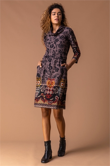 Taupe Owl Print Cowl Neck Dress, Image 1 of 4