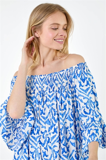 Blue Aztec Print Shirred Stretch Bardot Top
