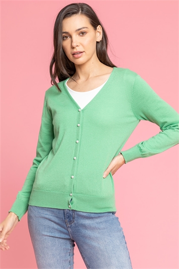 Green Faux Pearl Button Detail Cardigan, Image 1 of 4