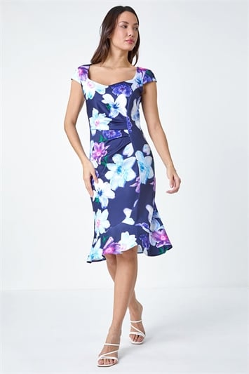 Blue Premium Stretch Floral Ruched Frill Hem Dress