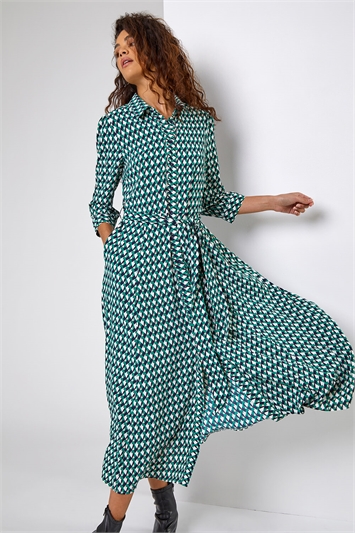Green Geometric Print Tie Waist Midi Shirt Dress, Image 3 of 5