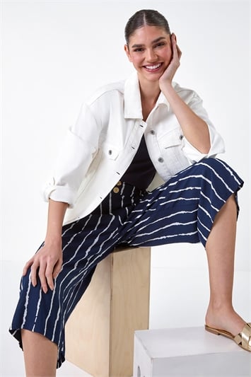 Blue Stripe Print Button Detail Culotte Trousers
