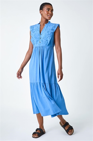 Blue Broderie Frilled Cotton Midi Dress