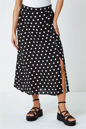 Black Polka Dot Button Detail Midi Skirt