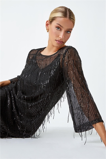Black Sequin Sparkle Tassel Shift Dress