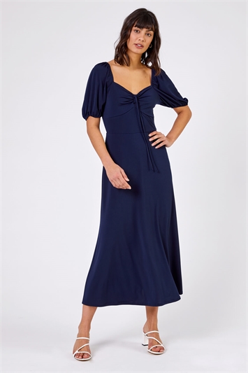 Navy Ruched Jersey Tie Detail Midi Dress, Image 3 of 4