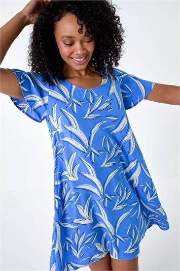 Blue Petite Leaf Print Stretch T-Shirt Dress