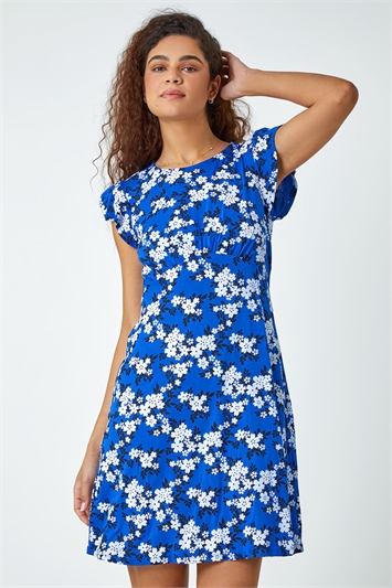 Blue Floral Print Frill Sleeve Stretch Dress