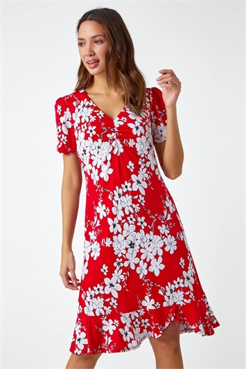 Red Frill Hem Floral Print Dress