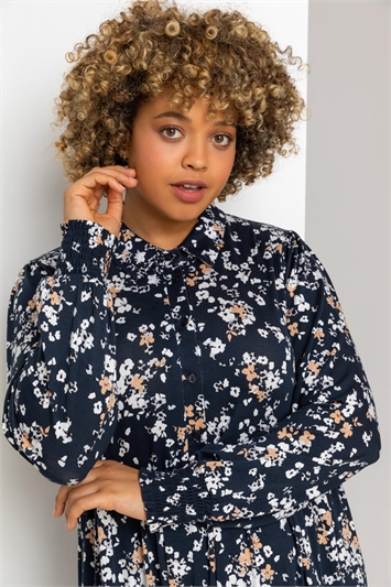 Navy Curve Ditsy Floral Shirt Dress, Image 4 of 4