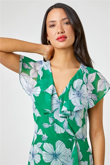 Green Floral Print Frill Midi Dress, Image 4 of 4