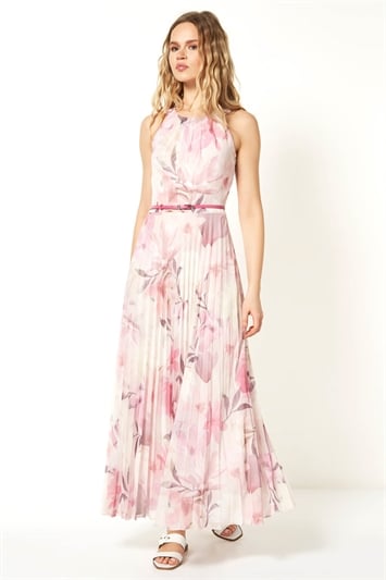 Pink Floral Pleated Maxi Dress