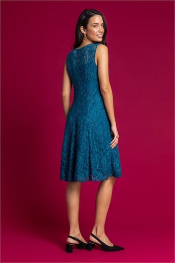 Glitter Lace Fit And Flare Dress In Teal Roman Originals Uk