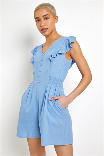 Blue Frill Detail Linen Playsuit, Image 1 of 5