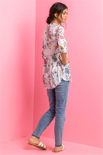 White Floral Print Notch Neck Top, Image 2 of 4