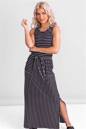 Black Striped Draw Cord Maxi Dress, Image 3 of 5