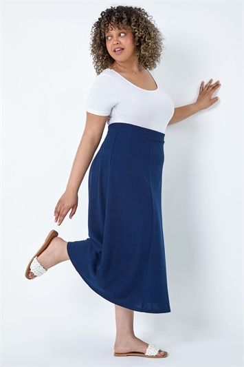 Blue Curve Elastic Waist Flared Midi A Line Skirt