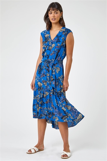 Blue Floral Print Dipped Hem Dress, Image 3 of 5