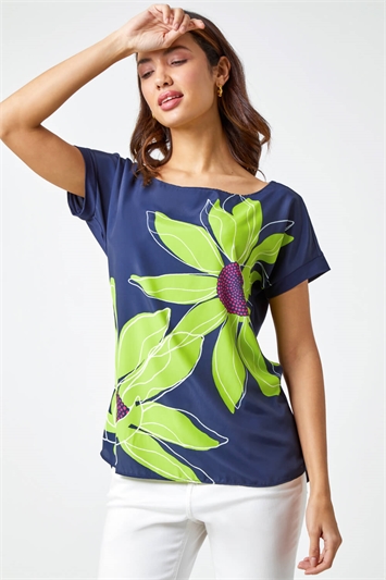 Green Contrast Floral Print T Shirt