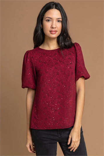 Red Floral Jacquard Puff Sleeve Top