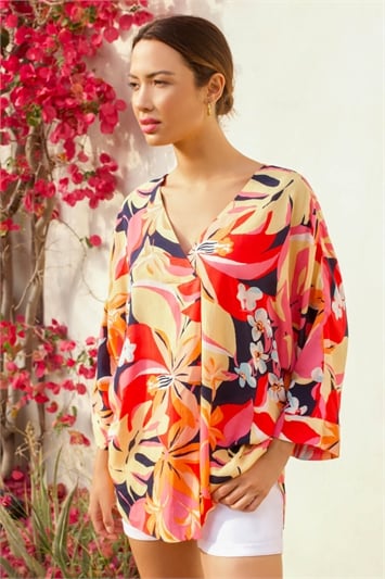Orange Tropical Print Relaxed Kimono Top