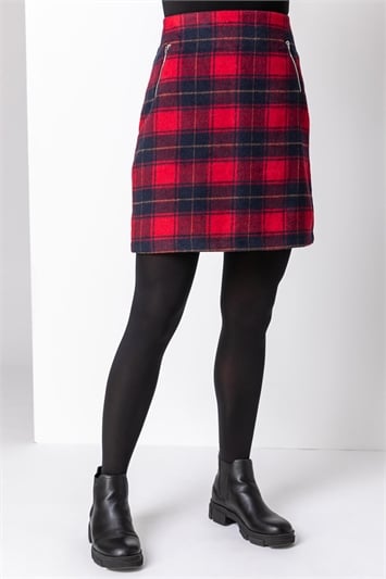 Red Checked Zip Detail Brushed Skirt