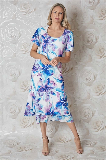 Blue Julianna Tropical Print Chiffon Dress