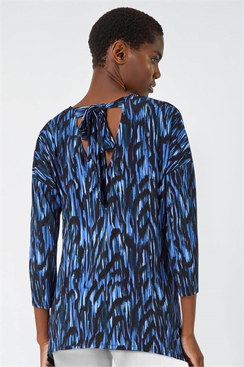 Blue Abstract Print Tie Back Stretch Top