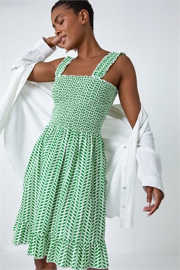 Green Zig Zag Print Shirred Cotton Dress