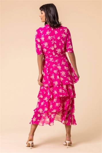 Pink Floral Print Tiered Frill Midi Dress, Image 2 of 5