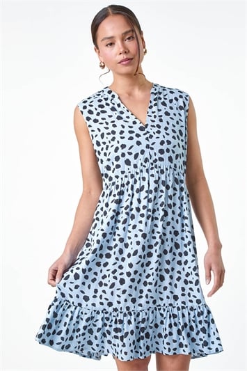 Blue Petite Spot Print Tiered Tunic Dress