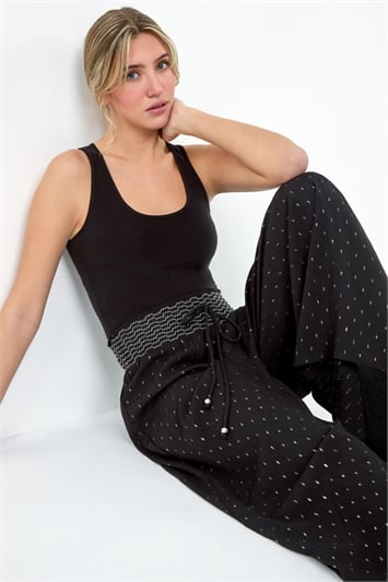 Black Shimmer Stretch Shirrred Wide Leg Trousers