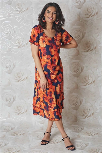 Orange Julianna Floral Print Chiffon Dress