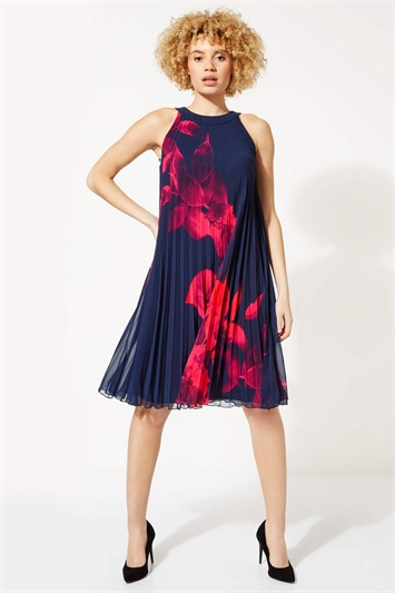 Navy Floral Pleated Swing Dress