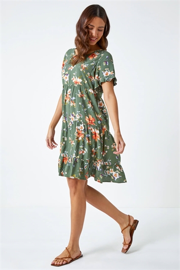Green Floral Frill Sleeve Tiered Smock Dress