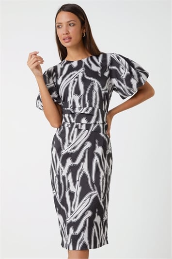 Black Abstract Print Ruched Stretch Dress